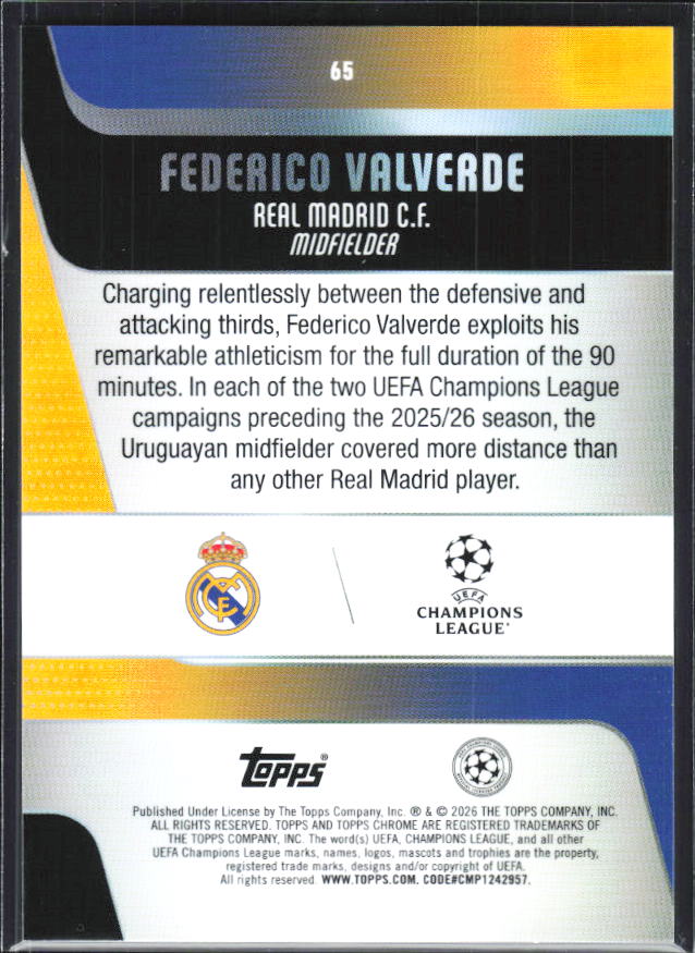 Federico Valverde – 2025-26 Topps Chrome UEFA Club Competitions #65 – baksida