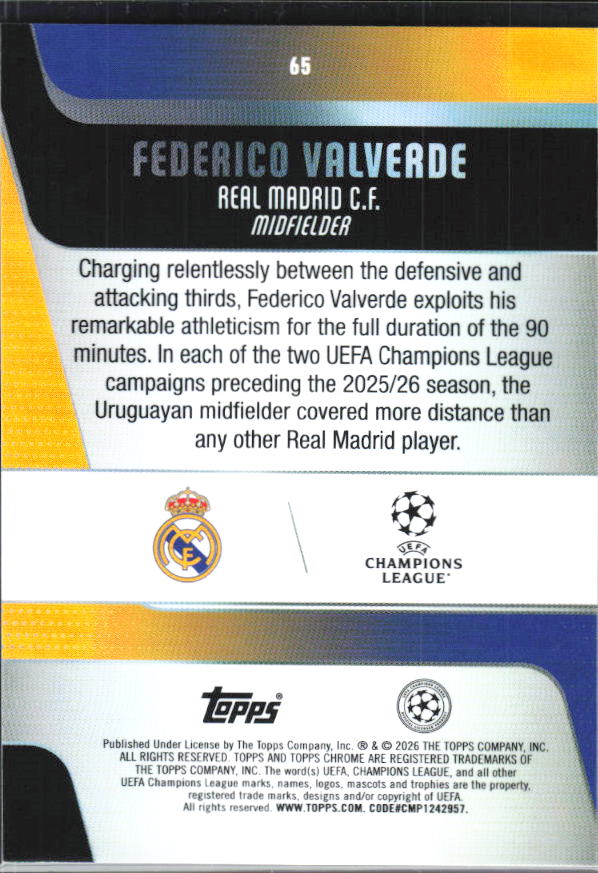 Federico Valverde – 2025-26 Topps Chrome UEFA Club Competitions #65 – baksida