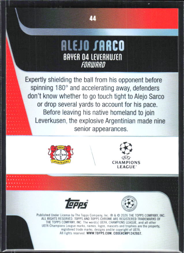 Alejo Sarco – 2025-26 Topps Chrome UEFA Club Competitions #44 – baksida