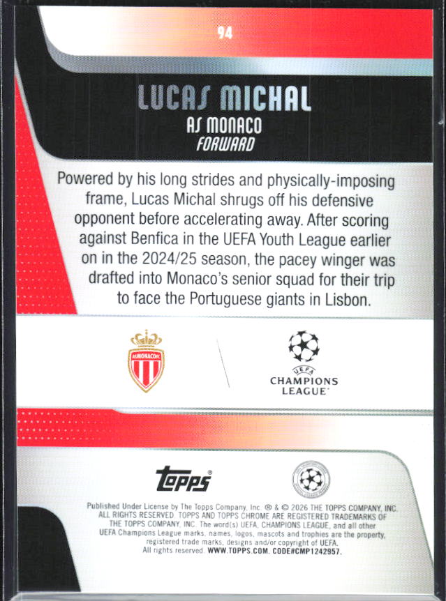Lucas Michal – 2025-26 Topps Chrome UEFA Club Competitions #94 – baksida