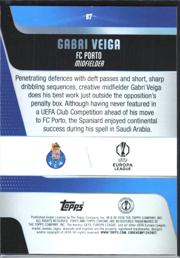 Gabri Veiga – 2025-26 Topps Chrome UEFA Club Competitions #87 – baksida