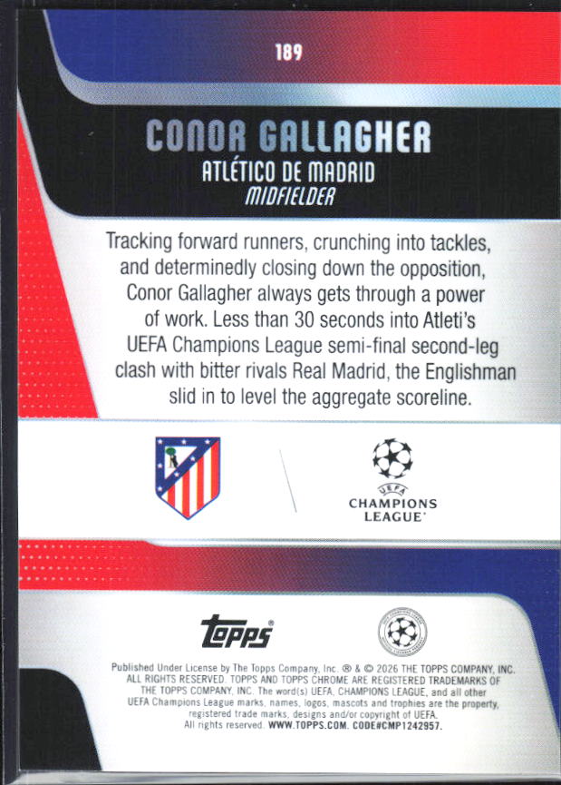 Conor Gallagher – 2025-26 Topps Chrome UEFA Club Competitions #189 – baksida
