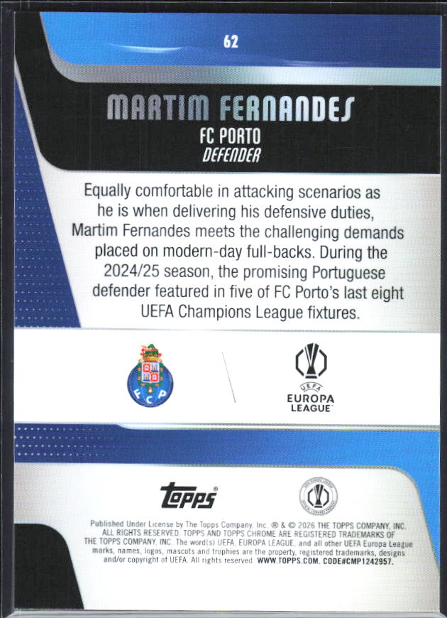 Martim Fernandes – 2025-26 Topps Chrome UEFA Club Competitions #62 – baksida