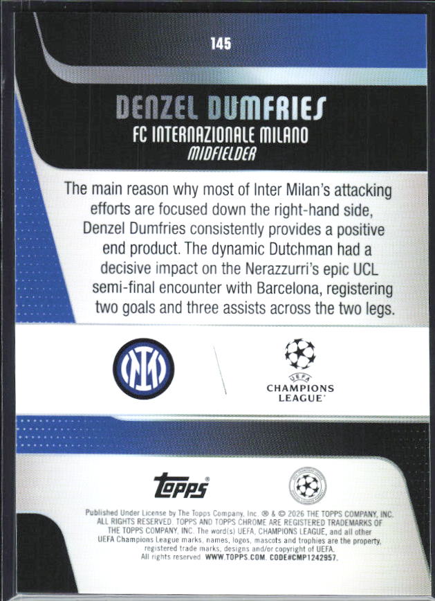 Denzel Dumfries – 2025-26 Topps Chrome UEFA Club Competitions #145 – baksida