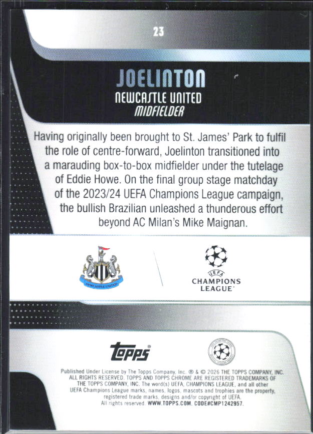 Joelinton – 2025-26 Topps Chrome UEFA Club Competitions #23 – baksida