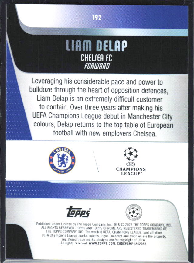 Liam Delap – 2025-26 Topps Chrome UEFA Club Competitions #192 – baksida