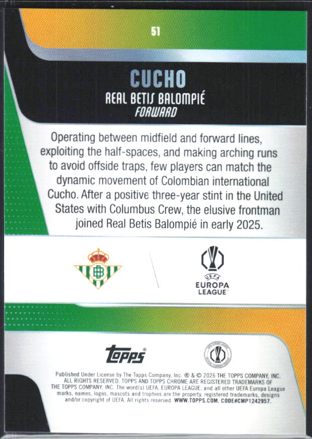 Cucho – 2025-26 Topps Chrome UEFA Club Competitions #51 – baksida