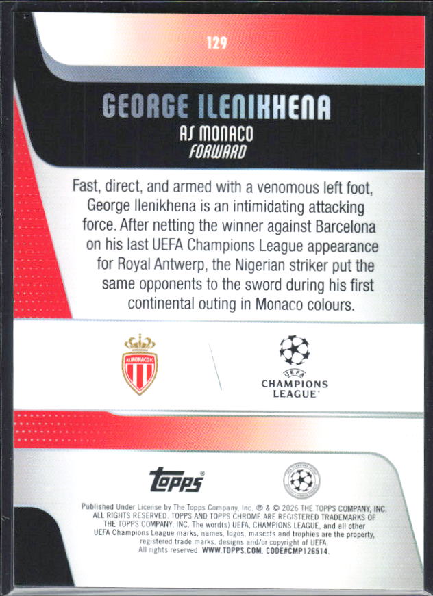 George Ilenikhena – 2025-26 Topps Chrome UEFA Club Competitions #129 – baksida