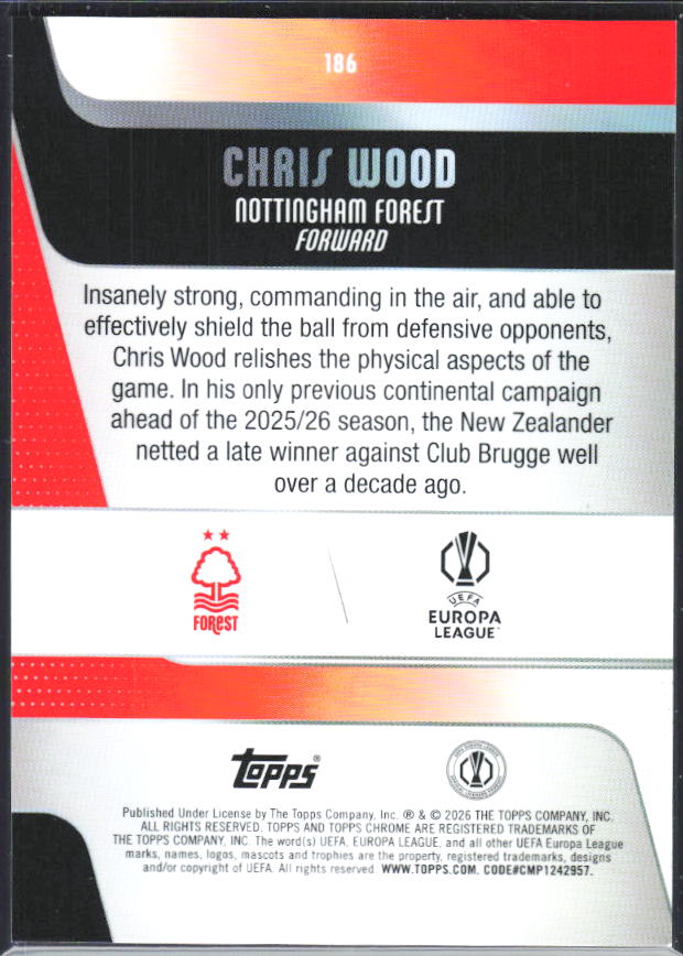 Chris Wood – 2025-26 Topps Chrome UEFA Club Competitions #186 – baksida