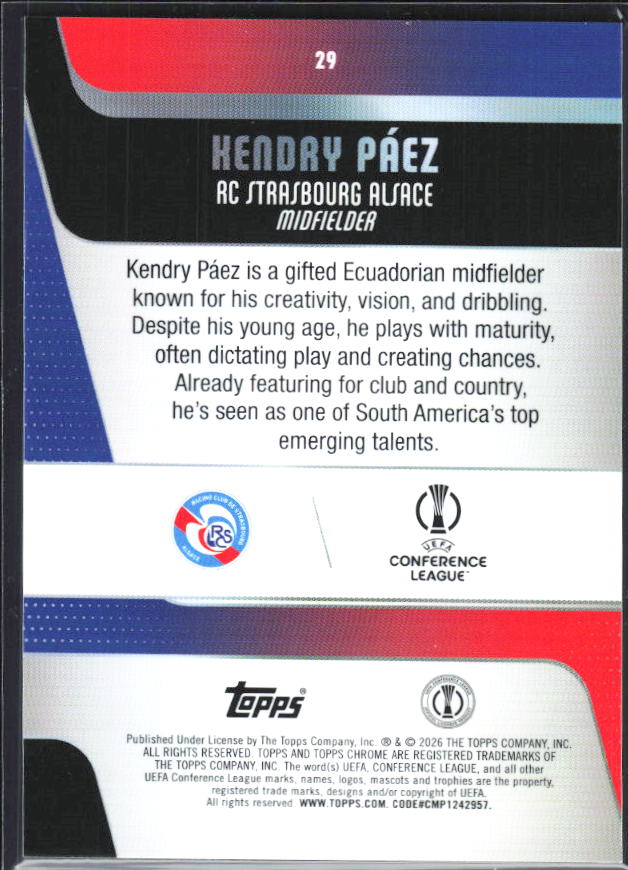 Kendry Páez – 2025-26 Topps Chrome UEFA Club Competitions #29 – baksida