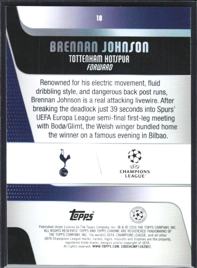 Brennan Johnson – 2025-26 Topps Chrome UEFA Club Competitions #18 – baksida
