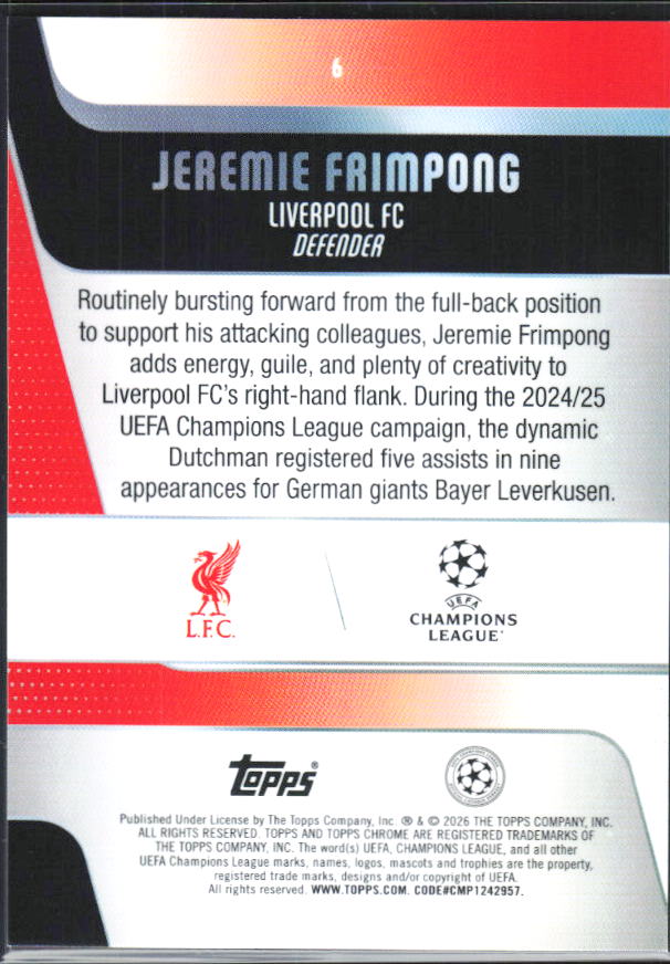 Jeremie Frimpong – 2025-26 Topps Chrome UEFA Club Competitions #6 – baksida