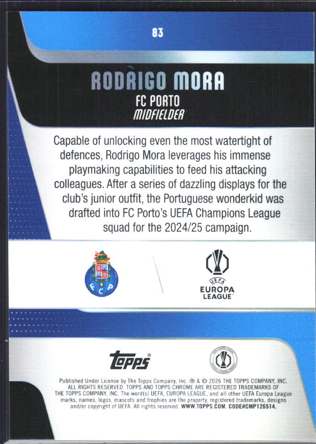 Rodrigo Mora – 2025-26 Topps Chrome UEFA Club Competitions #83 – baksida