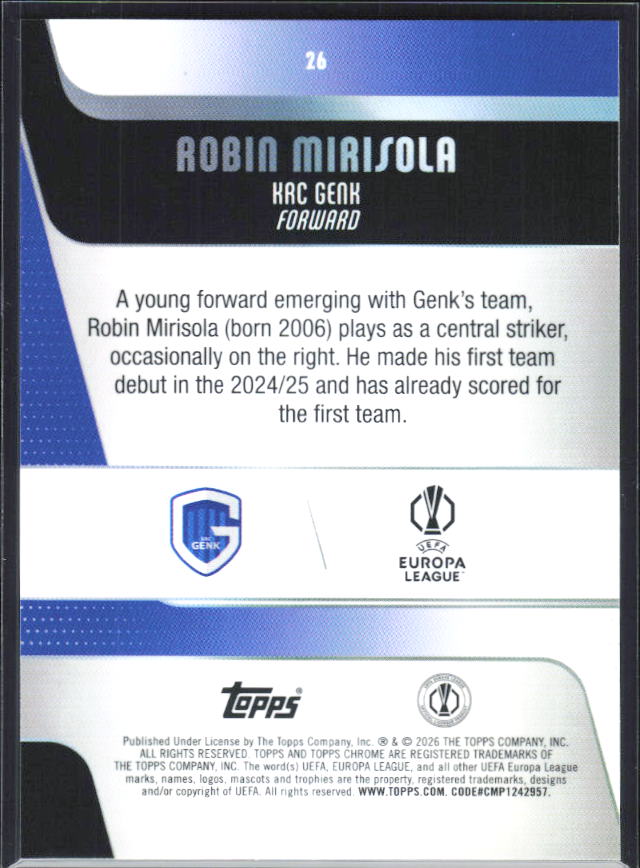 Robin Mirisola – 2025-26 Topps Chrome UEFA Club Competitions #26 – baksida