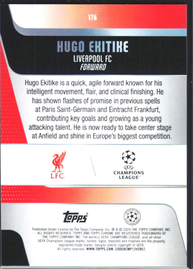 Hugo Ekitike – 2025-26 Topps Chrome UEFA Club Competitions #176 – baksida