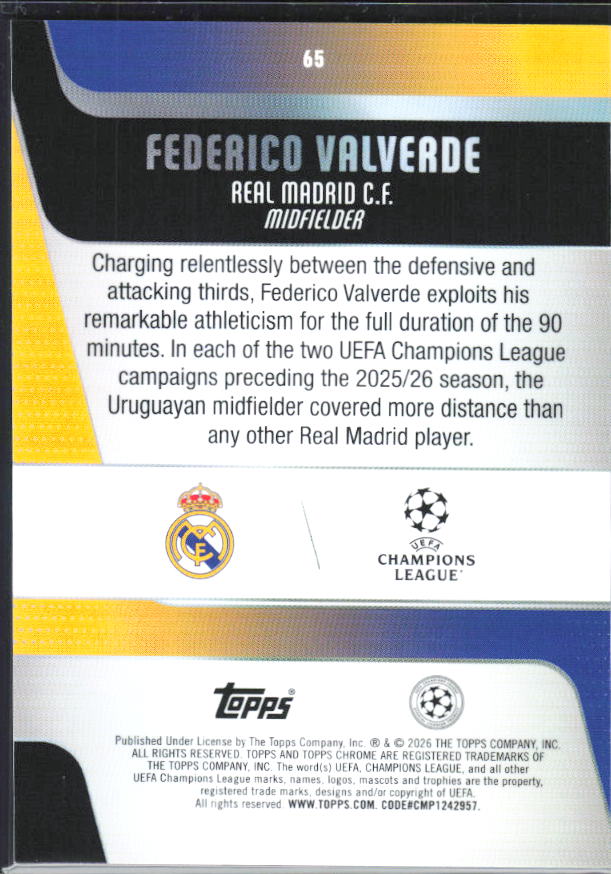Federico Valverde – 2025-26 Topps Chrome UEFA Club Competitions #65 – baksida