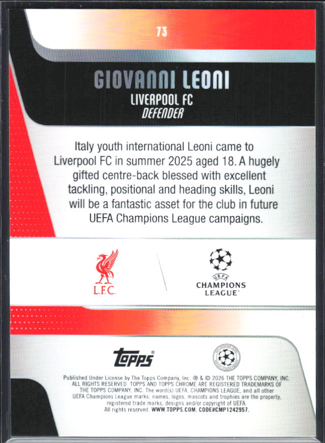 Giovanni Leoni – 2025-26 Topps Chrome UEFA Club Competitions #73 – baksida