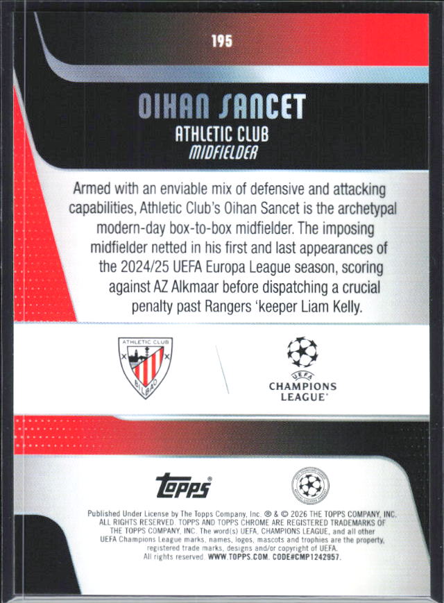 Oihan Sancet – 2025-26 Topps Chrome UEFA Club Competitions #195 – baksida