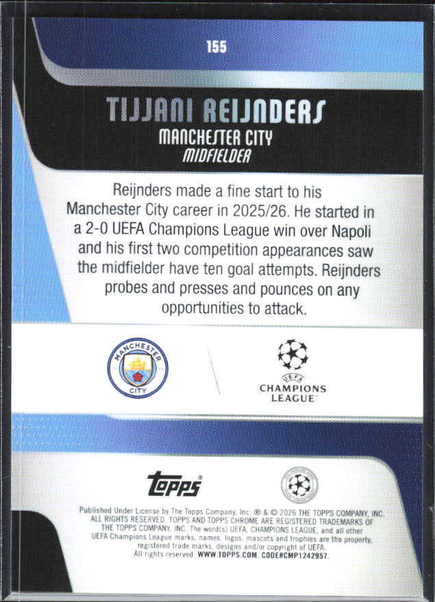 Tijjani Reijnders – 2025-26 Topps Chrome UEFA Club Competitions #155 – baksida