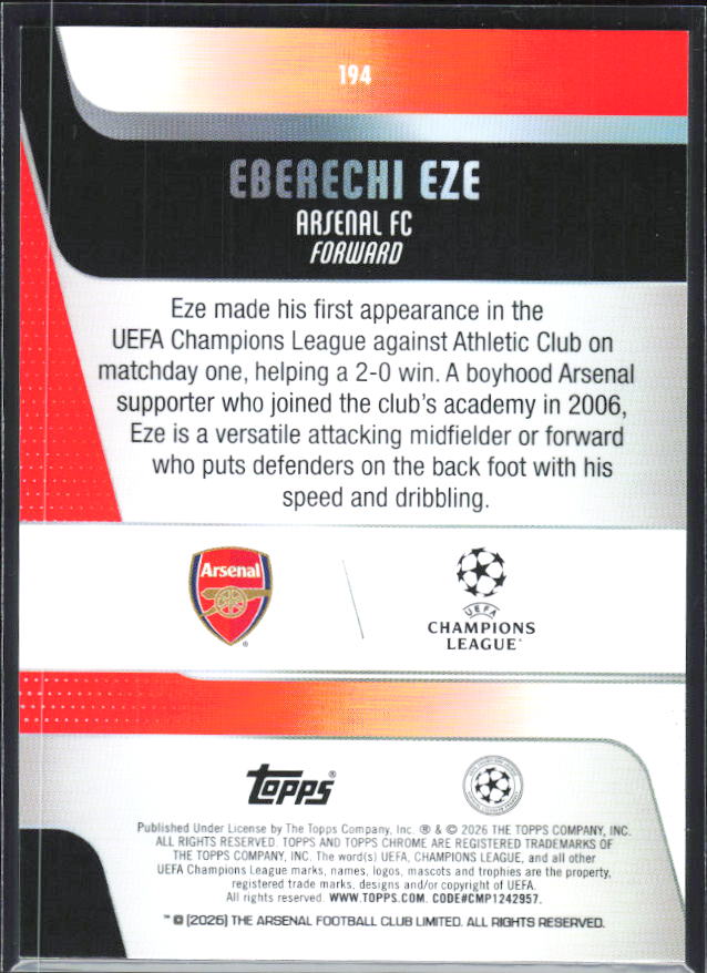 Eberechi Eze – 2025-26 Topps Chrome UEFA Club Competitions #194 – baksida