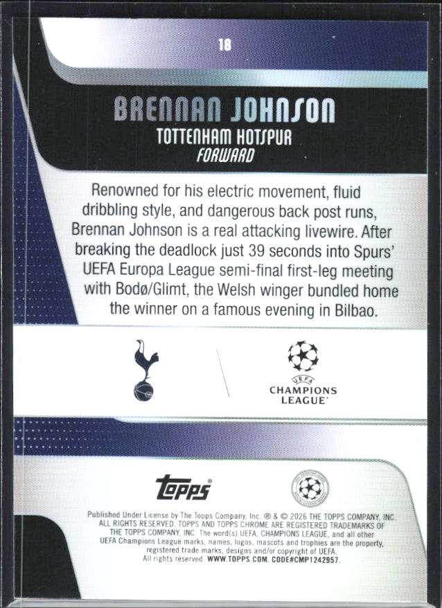 Brennan Johnson – 2025-26 Topps Chrome UEFA Club Competitions #18 – baksida