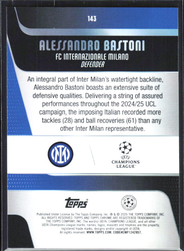 Alessandro Bastoni – 2025-26 Topps Chrome UEFA Club Competitions #143 – baksida