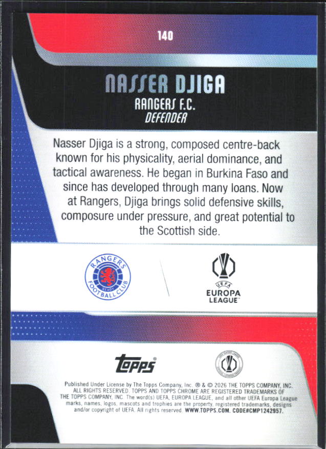Nasser Djiga – 2025-26 Topps Chrome UEFA Club Competitions #140 – baksida