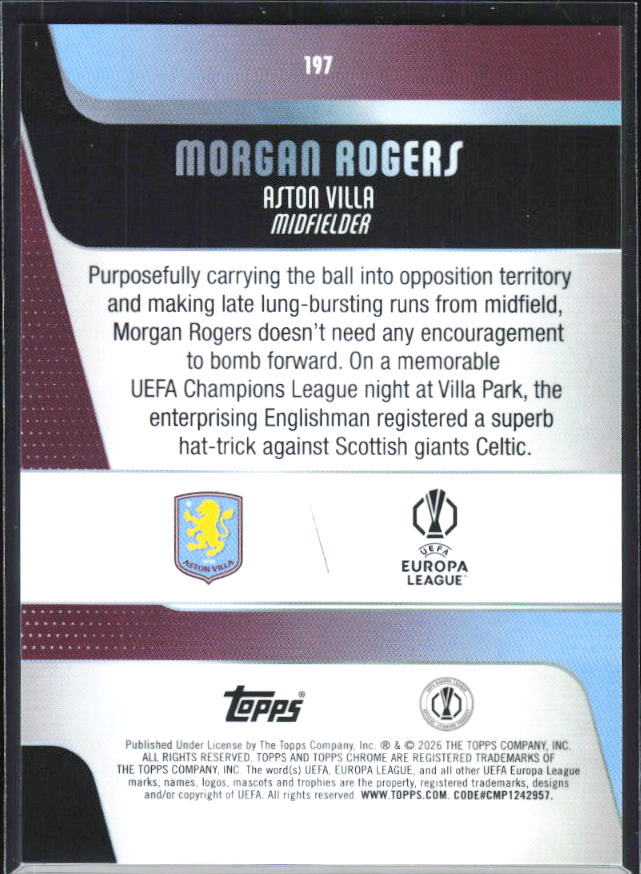 Morgan Rogers – 2025-26 Topps Chrome UEFA Club Competitions #197 – baksida