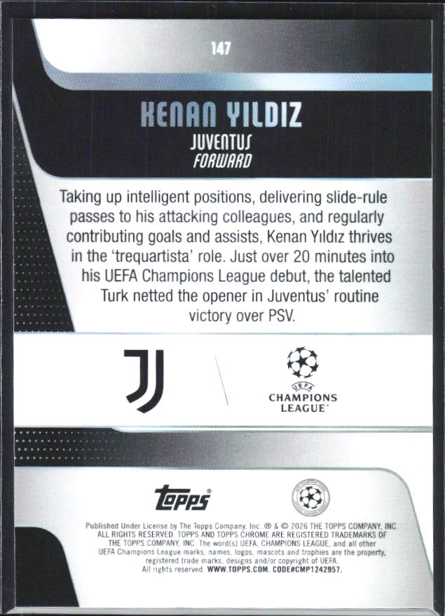 Kenan Yildiz – 2025-26 Topps Chrome UEFA Club Competitions #147 – baksida
