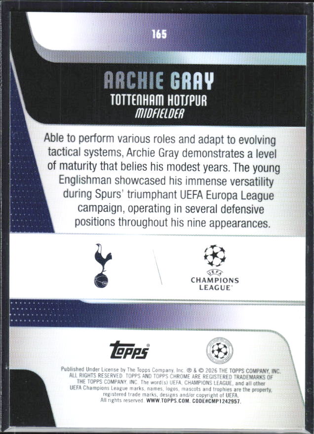 Archie Gray – 2025-26 Topps Chrome UEFA Club Competitions #165 – baksida