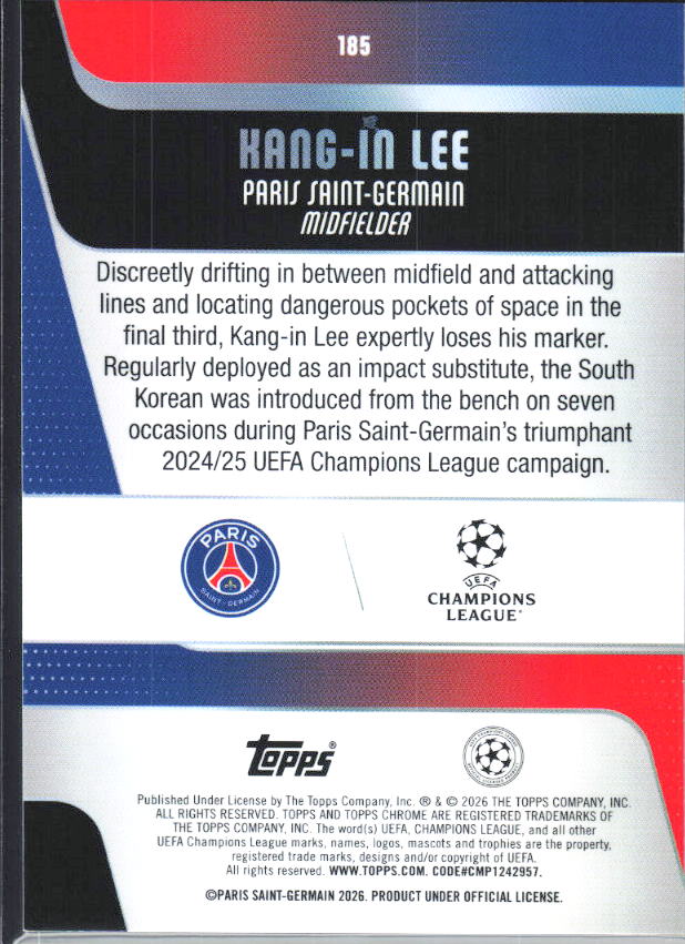 Kang-in Lee – 2025-26 Topps Chrome UEFA Club Competitions #185 – baksida