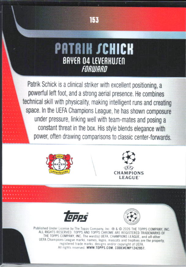 Patrik Schick – 2025-26 Topps Chrome UEFA Club Competitions #153 – baksida