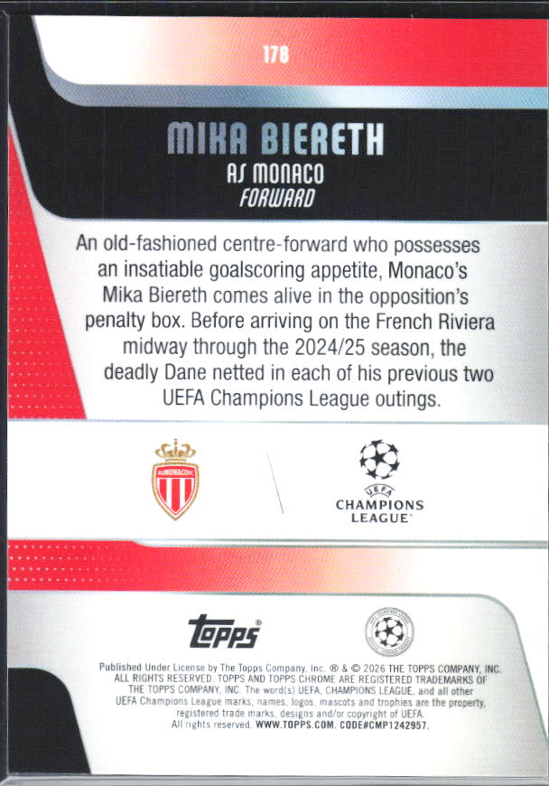 Mika Biereth – 2025-26 Topps Chrome UEFA Club Competitions #178 – baksida