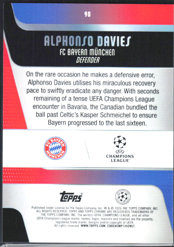 Alphonso Davies – 2025-26 Topps Chrome UEFA Club Competitions #90 – baksida