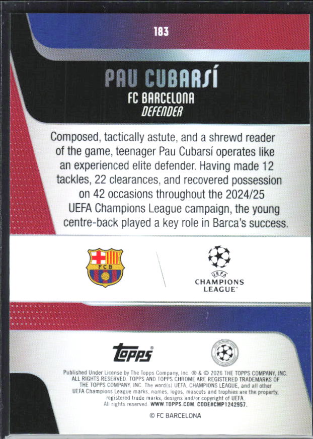 Pau Cubarsí – 2025-26 Topps Chrome UEFA Club Competitions #183 – baksida