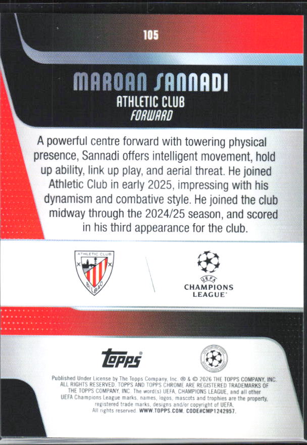 Maroan Sannadi – 2025-26 Topps Chrome UEFA Club Competitions #105 – baksida