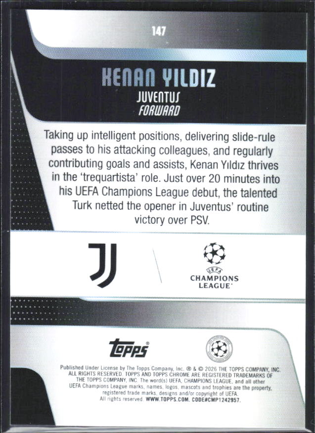 Kenan Yildiz – 2025-26 Topps Chrome UEFA Club Competitions #147 – baksida