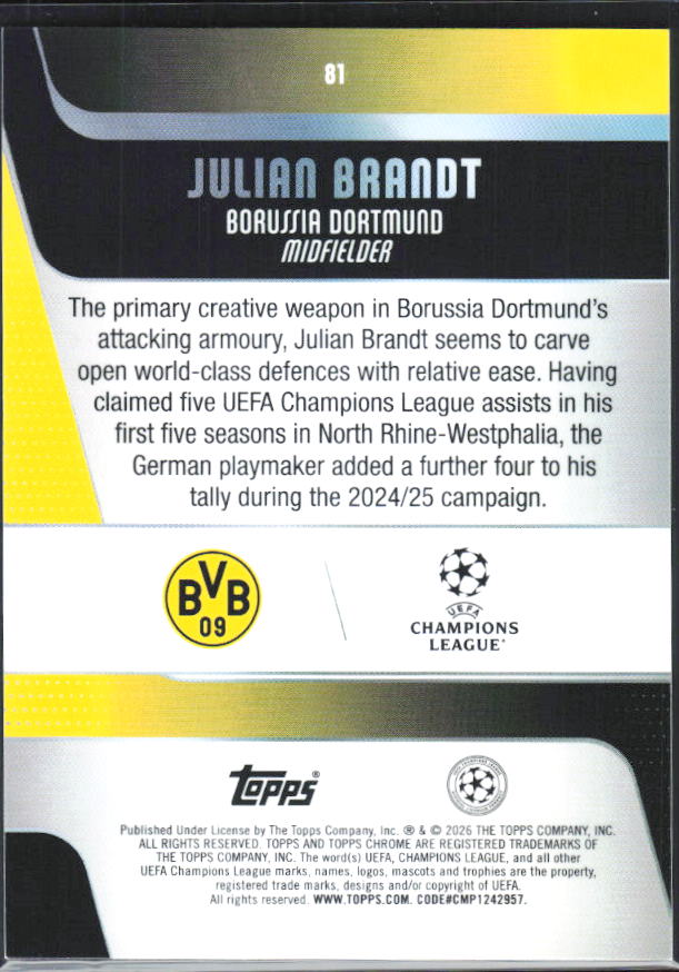 Julian Brandt – 2025-26 Topps Chrome UEFA Club Competitions #81 – baksida