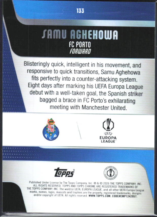 Samu Aghehowa – 2025-26 Topps Chrome UEFA Club Competitions #133 – baksida