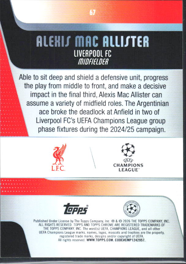 Alexis Mac Allister – 2025-26 Topps Chrome UEFA Club Competitions #67 – baksida