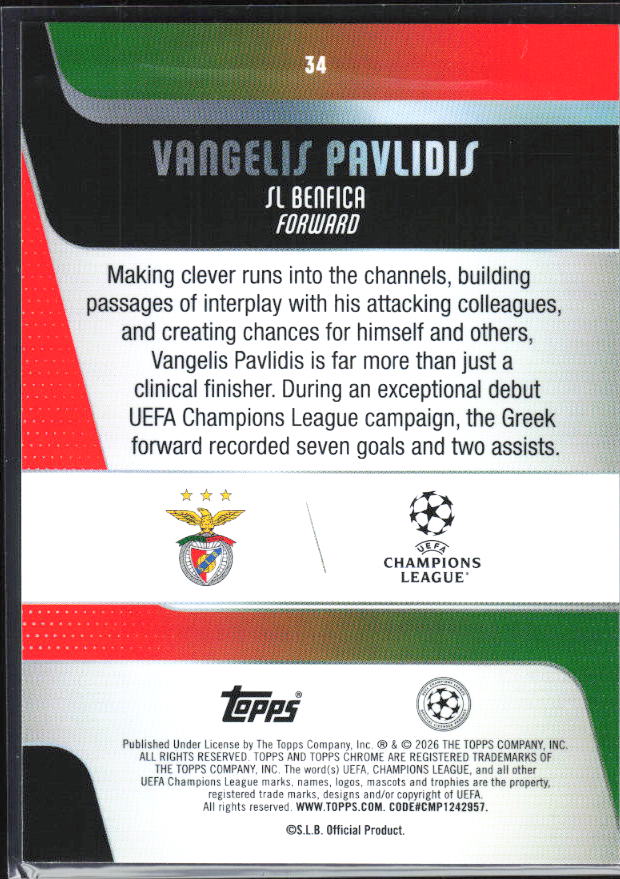 Vangelis Pavlidis – 2025-26 Topps Chrome UEFA Club Competitions #34 – baksida