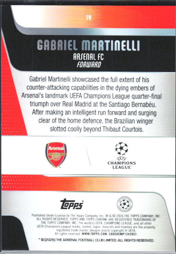 Gabriel Martinelli – 2025-26 Topps Chrome UEFA Club Competitions #19 – baksida