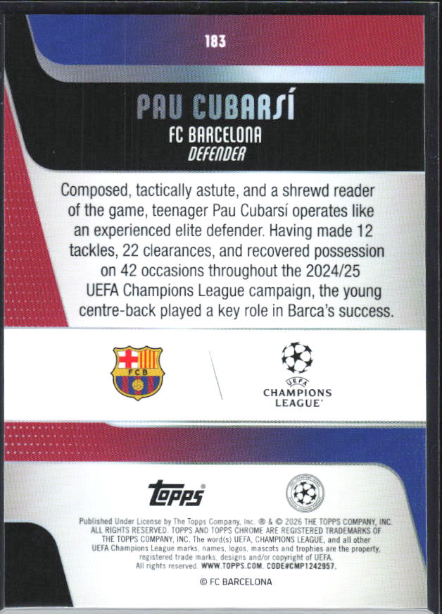Pau Cubarsí – 2025-26 Topps Chrome UEFA Club Competitions #183 – baksida