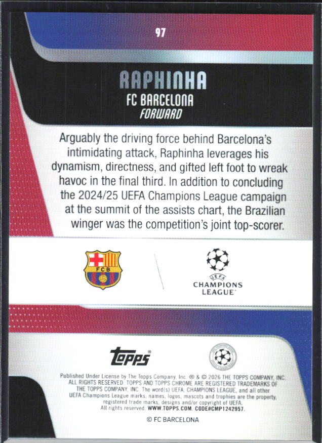 Raphinha – 2025-26 Topps Chrome UEFA Club Competitions #97 – baksida