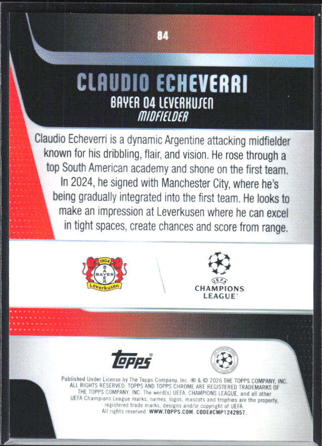 Claudio Echeverri – 2025-26 Topps Chrome UEFA Club Competitions #84 – baksida
