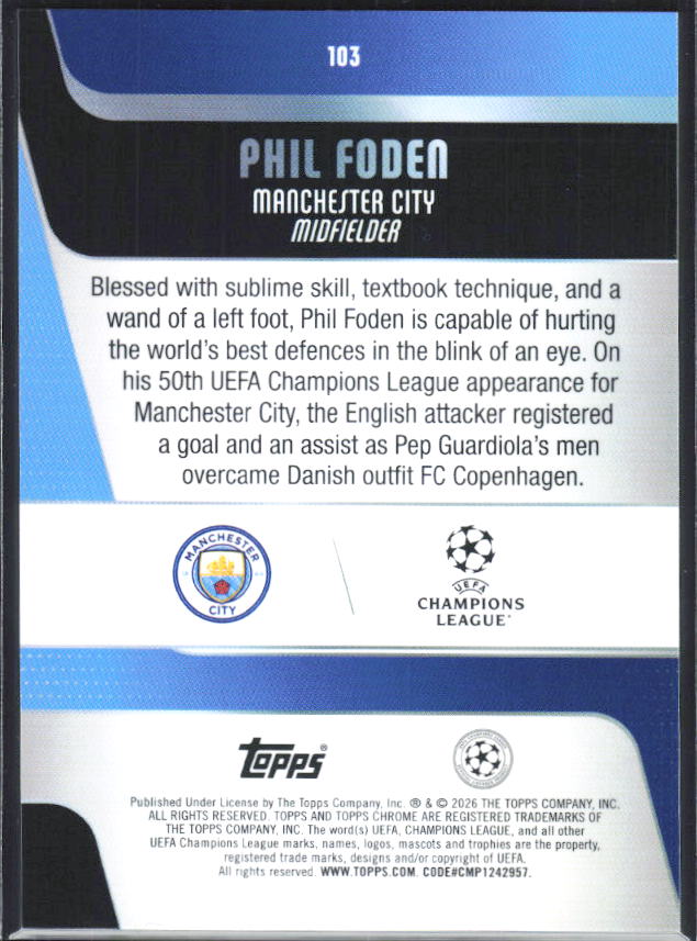 Phil Foden – 2025-26 Topps Chrome UEFA Club Competitions #103 – baksida