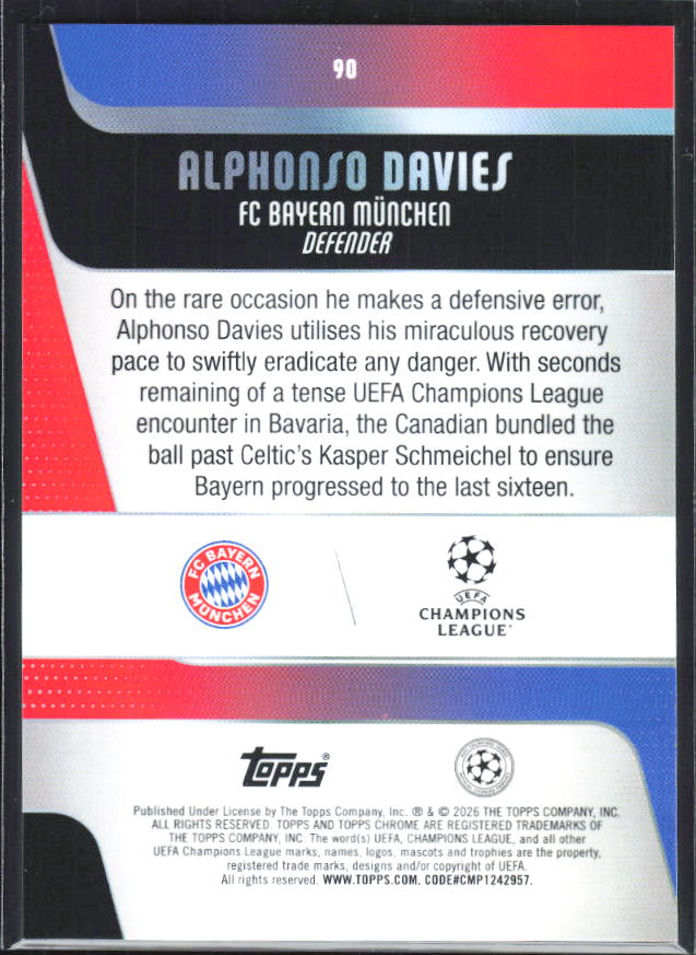 Alphonso Davies – 2025-26 Topps Chrome UEFA Club Competitions #90 – baksida