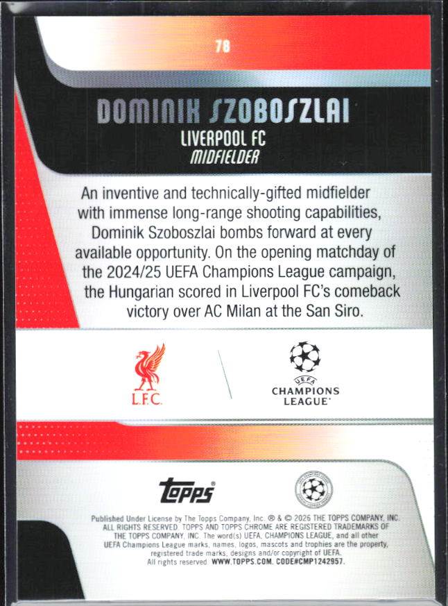 Dominik Szoboszlai – 2025-26 Topps Chrome UEFA Club Competitions #78 – baksida