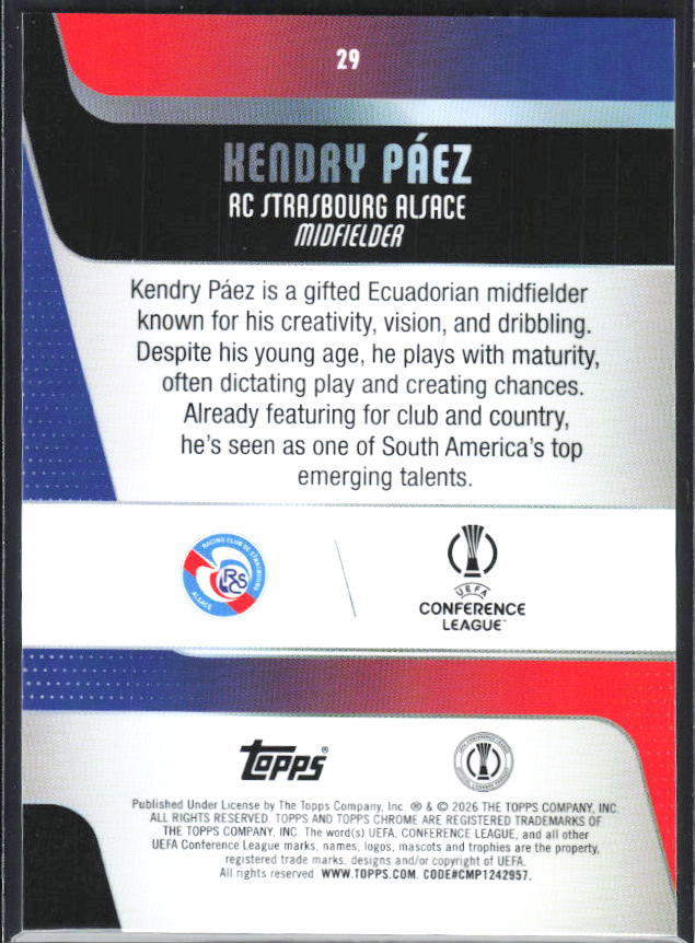 Kendry Páez – 2025-26 Topps Chrome UEFA Club Competitions #29 – baksida