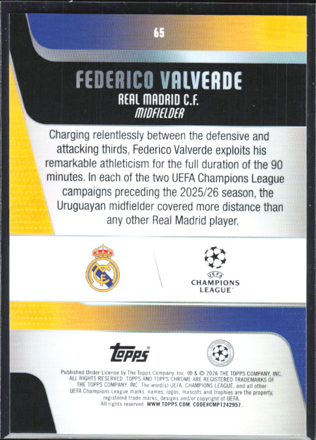 Federico Valverde – 2025-26 Topps Chrome UEFA Club Competitions #65 – baksida